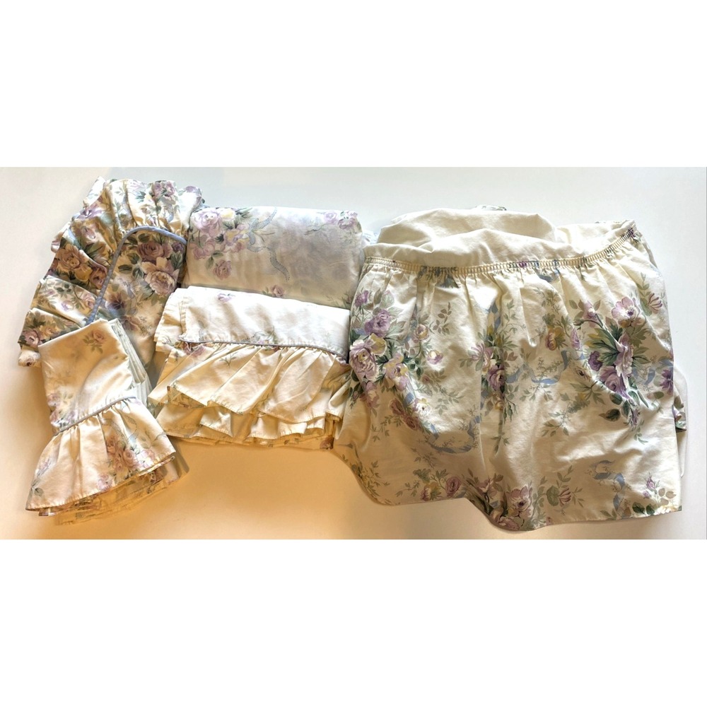 Croscill Floral Cottage Pattern Set Sheets Pillowcases Shams Bedskirt Queen 7 Pc
